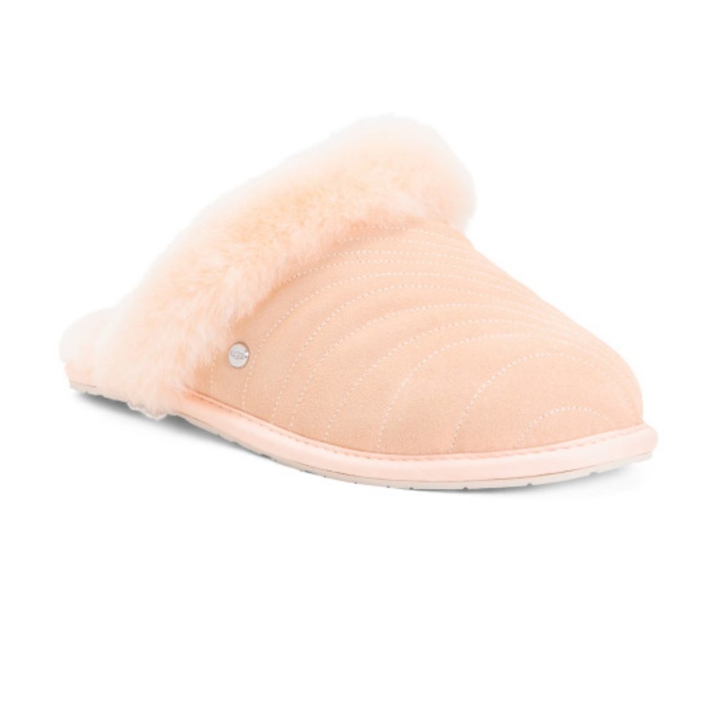NEW UGG WOMEN'S PEACH SUEDE SHEARLING LINED SLIP ON SCUFF SLIPPERS PEACH